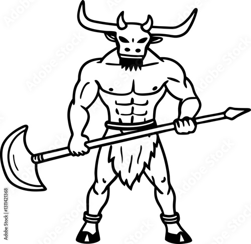 Minotaur with battle axe mythical greek creature, strength and power symbol, black and white illustration