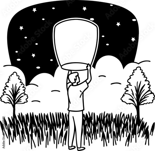person launching lantern into starry night sky landscape with trees and field
