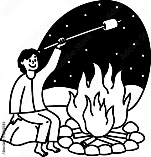 Black and white illustration of a person roasting marshmallows by a campfire at night