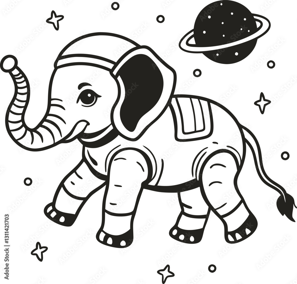 Fototapeta premium space elephant illustration astronaut elephant floating with stars and planet in black and white