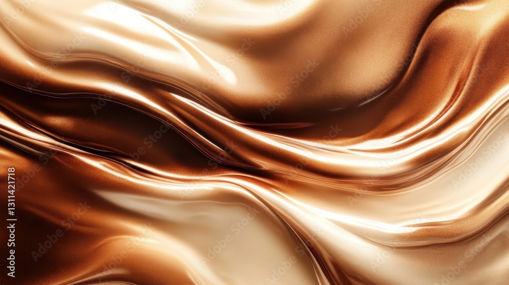 Fototapeta premium Abstract Golden Brown Fabric Texture Background. Smooth Waves Shimmering with Metallic Sheen, Elegant and Luxurious Drape