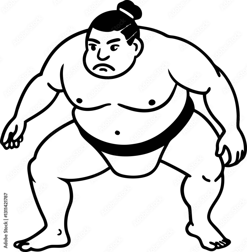 Fototapeta premium Sumo wrestler in traditional stance, black and white line art illustration