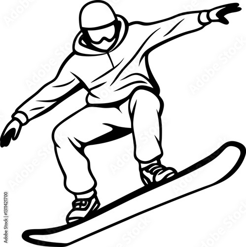 snowboarder in mid air winter sports, extreme action black and white illustration, dynamic freestyle jump