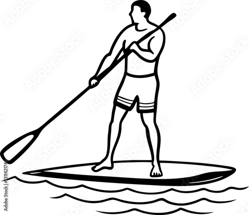 Stand up paddleboarding silhouette on calm water, outdoor recreation adventure