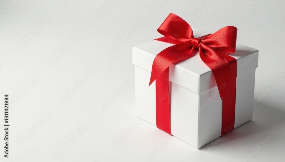 Simple white gift box adorned with a classic red bow , bow, birthday present, clean Simple white gift box adorned with a classic red bow , bow, birthday present, clean