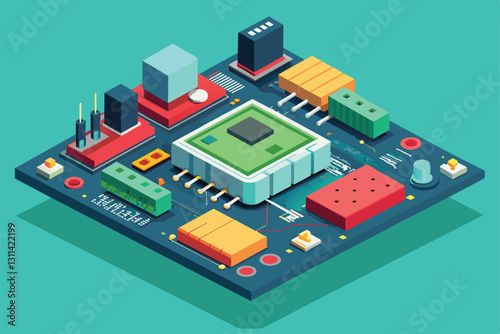 A detailed design of a customizable printed circuit board featuring multiple components and connections, Printed circuit board Customizable Disproportionate Illustration
