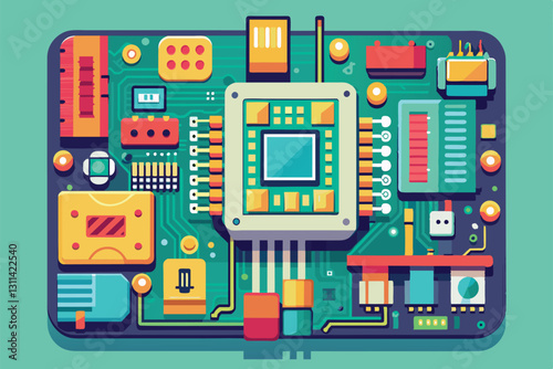 A detailed view of a customizable flat printed circuit board with colorful electronic components, Printed circuit board Customizable Flat Illustration