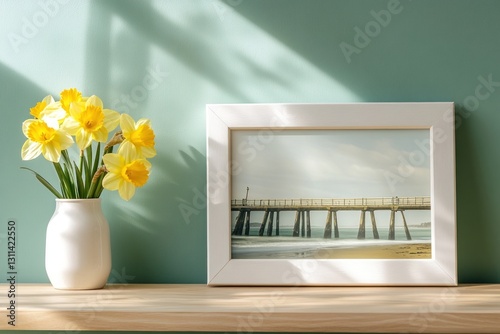 Yellow daffodils vase, framed coastal print, mint green wall, sunny shelf display