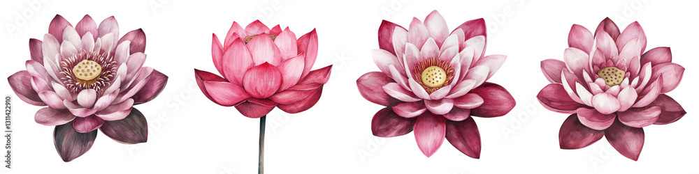 Obraz premium Vibrant pink lotus flowers beautifully blooming in a serene pond creating an enchanting aquatic nature scene The delicate petals and graceful form of the lotus blossoms evoke a sense of tranquility