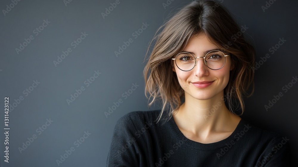 Obraz premium Woman, smiling, glasses, portrait, studio, grey, background, headshot, website
