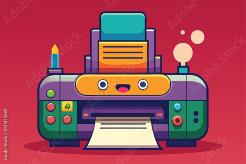 A playful cartoon printer with a smiling face, actively printing a sheet of paper, Printer Customizable Cartoon Illustration