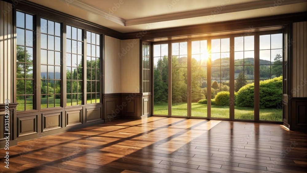 Obraz premium Sunlit Room with Hardwood Floor and Expansive Windows Offering a Serene View of Lush Greenery