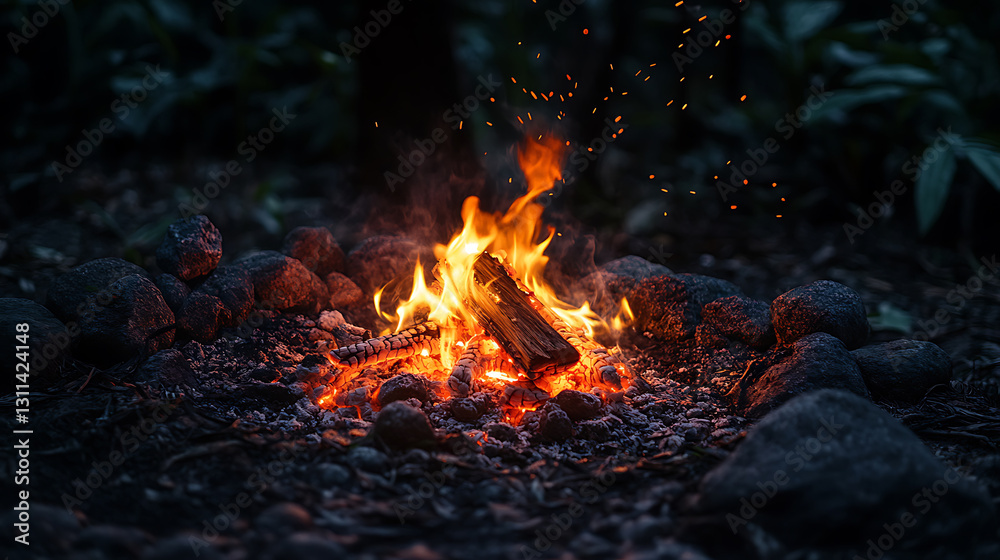 A Small Campfire Surrounded by Rocks With Glowing Embers at Night A Small Campfire Surrounded by Rocks With Glowing Embers at Night