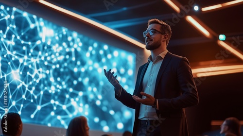 Innovative Tech Startup Founder Presenting a Futuristic AI-Driven Product in a Sleek Conference Setting to an Excited Audience