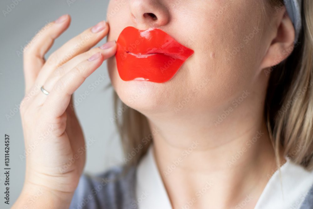 Close up of caucasian woman using a red collagen gel lip mask for dry lips. Close up of caucasian woman using a red collagen gel lip mask for dry lips.