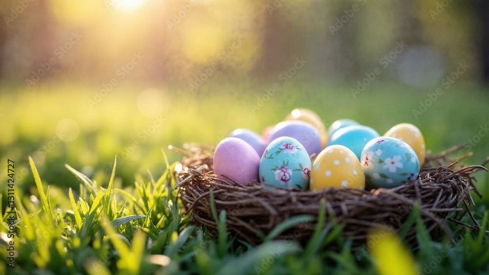 Vibrant Easter Nest with Pastel Eggs in Lush Spring Grass - Perfect for Holiday Promotions, Greeting Cards, and Social Media Content