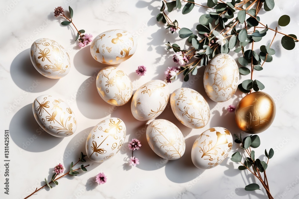 Obraz premium Flach gelegte, elegant verzierte Ostereier auf weißem Marmor. Gold- und Pastellmuster mit floralen Motiven. Weiches Licht und dezente Eukalyptuszweige verleihen eine luxuriöse Note.