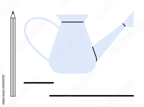 Watering can and pencil combined with abstract lines evoke themes of growth, creativity, and nurturing ideas. Ideal for education, gardening, writing, design, innovation, learning productivity flat