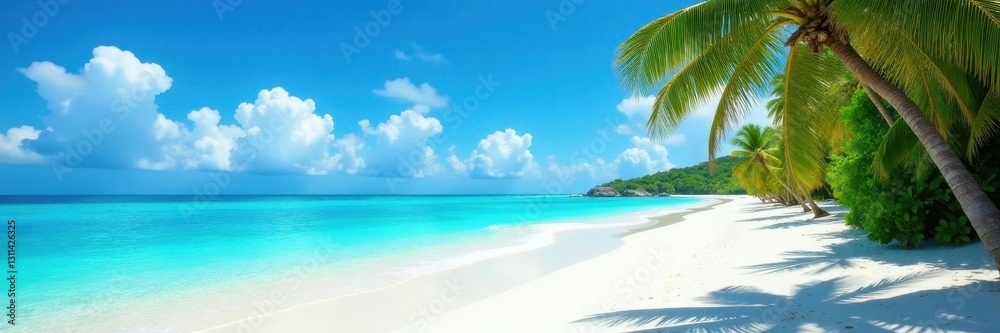 Azure water laps a white sand beach, palms sway gently in the breeze , ocean view, sunset, sea Azure water laps a white sand beach, palms sway gently in the breeze , ocean view, sunset, sea