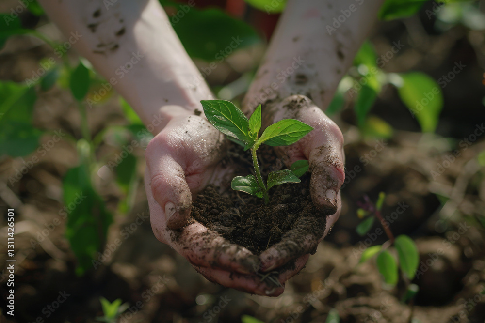 Hands holding small green plant with soil. Seedling in farmer hands. Concept of gardening, ecology and environmental conservation