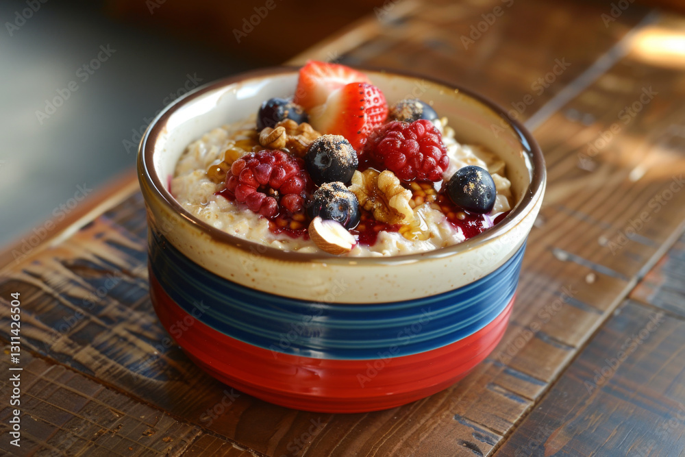 Bowl of porridge for morning breakfast. Oatmeal topped with berries, nuts and honey on wooden table. Nutritious and delicious meal