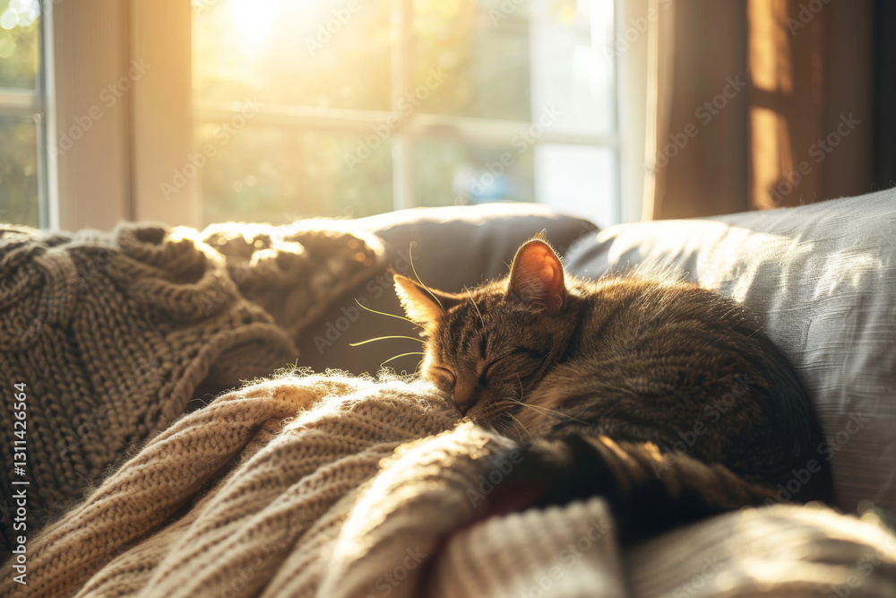 Fluffy tabby cat sleeping on cozy knitted blanket in warm sunlight from window. Pet relaxing at home