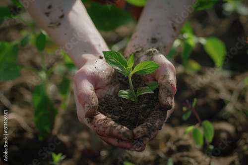 Obraz na płótnie Hands holding small green plant with soil. Seedling in farmer hands. Concept of gardening, ecology and environmental conservation w salonie