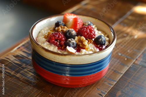 Bowl of porridge for morning breakfast. Oatmeal topped with berries, nuts and honey on wooden table. Nutritious and delicious meal