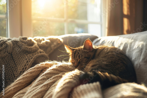 Obraz na płótnie Fluffy tabby cat sleeping on cozy knitted blanket in warm sunlight from window. Pet relaxing at home w salonie