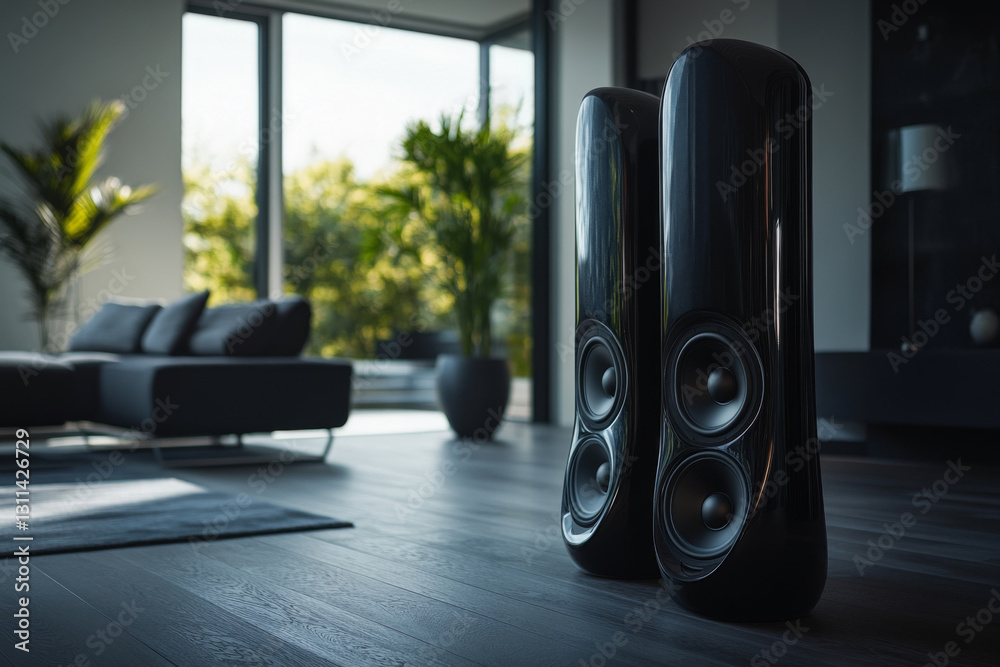 Black floor standing speakers in modern living room with large windows. Premium home audio system with powerful bass. Hi-fi stereo setup