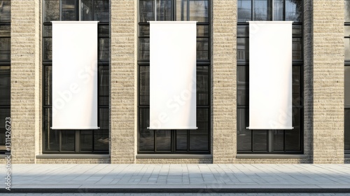 Flags mock up white vertical banners on building facade design, on Store street Outdoor banners template, shop exterior Banners signs hanging, front view, 8k Resolution
