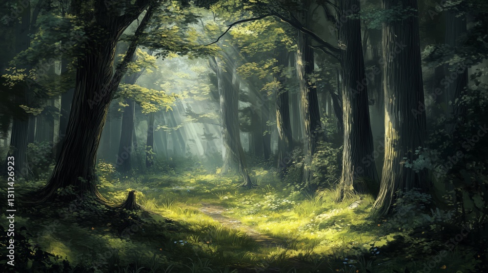 Naklejka premium Serene forest path sunlight trees AI generated