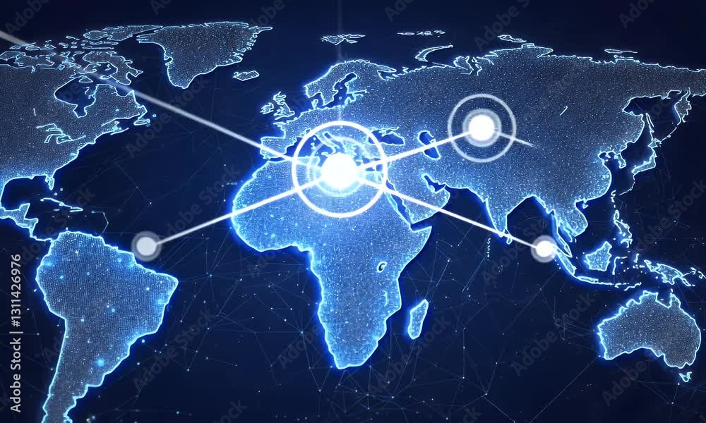 Global network connection, data flow, world map background