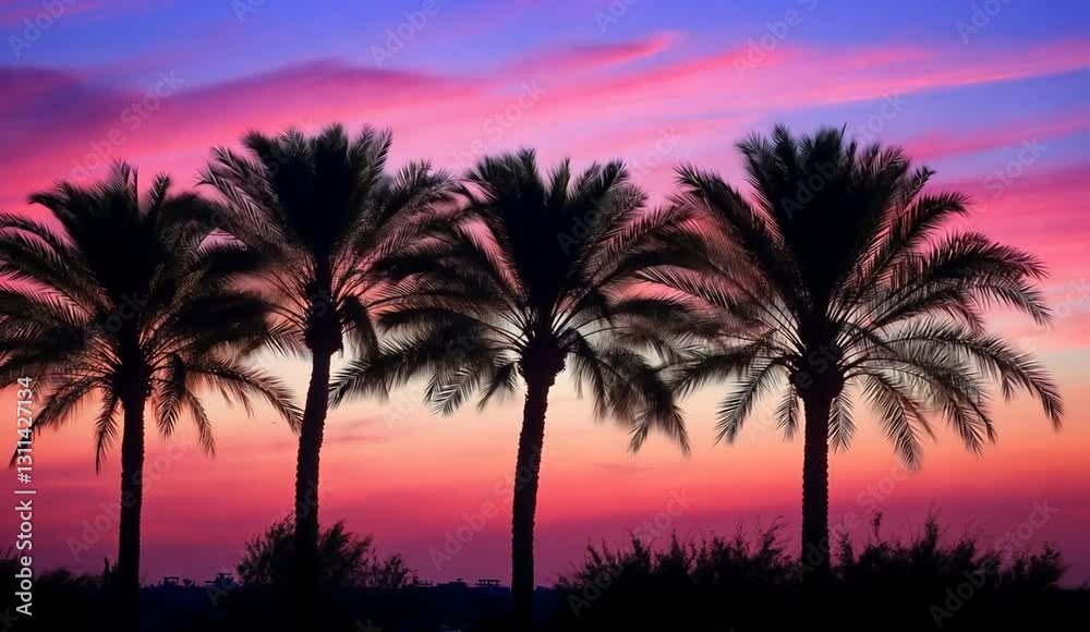 Silhouetted palm trees against a vibrant sunset sky with colorful clouds and serene atmosphere Silhouetted palm trees against a vibrant sunset sky with colorful clouds and serene atmosphere