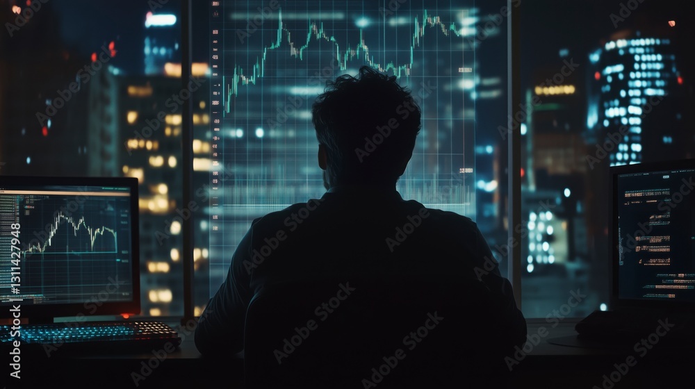 Overworked Startup Founder Sitting Alone in a Dark Office, Looking Over Financial Charts Showing Losses, Feeling Overwhelmed Overworked Startup Founder Sitting Alone in a Dark Office, Looking Over Financial Charts Showing Losses, Feeling Overwhelmed