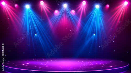  Vibrant illuminated stage with colorful spotlights: perfect event background for concerts, performances, and award ceremonies. Copy space