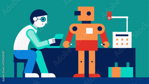 Worker and Robot Collaboration A humanoid robot works side by side with a human worker at a workstation showcasing teamwork as they assemble a complex machinery component.