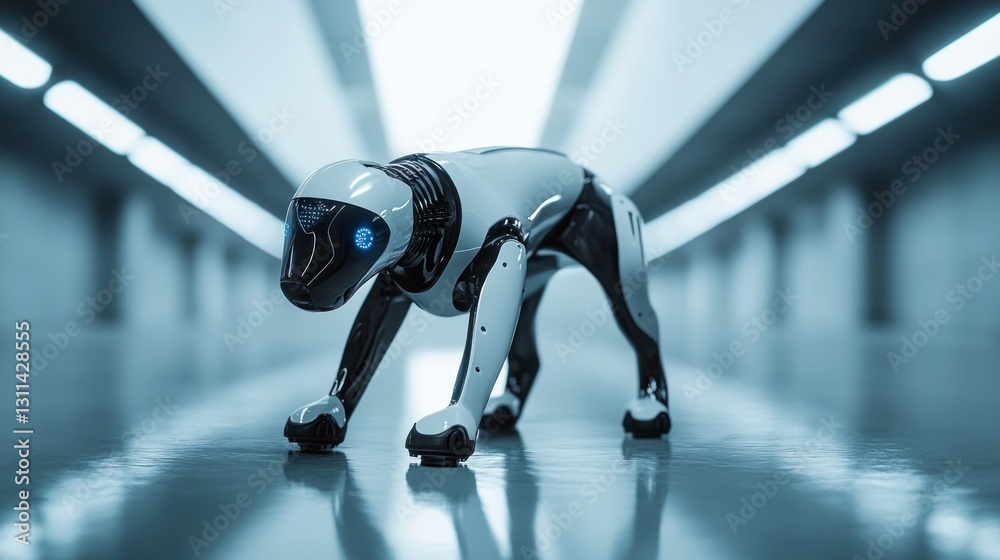 Obraz premium Robotic Dog Patrols Futuristic Corridor