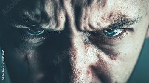 Intense male expression with piercing eyes and furrowed brow close-up photo