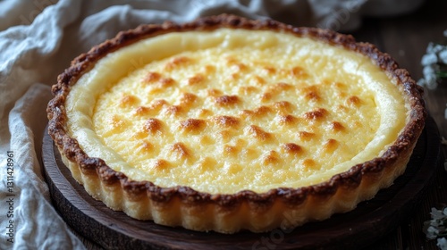 Baked Custard Tart on Wooden Board photo