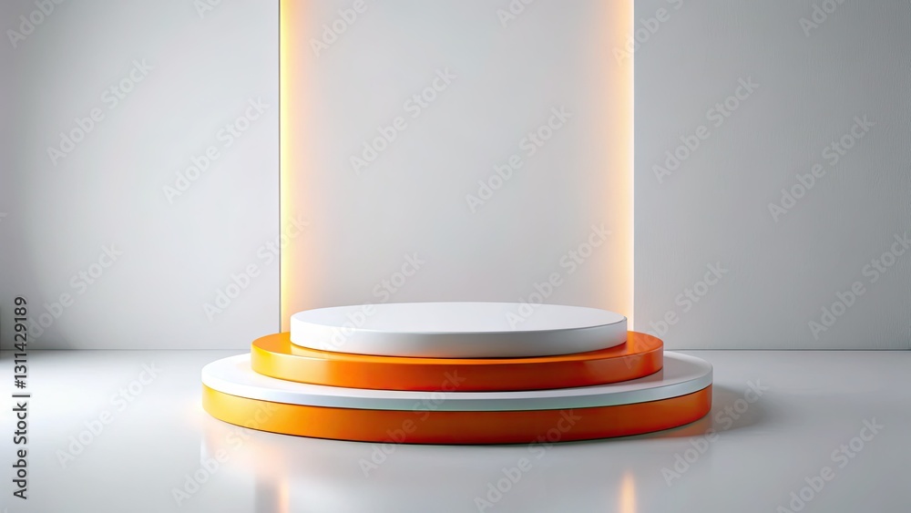Fototapeta premium Abstract background enhances white orange podium, presenting product elegantly for mockups.