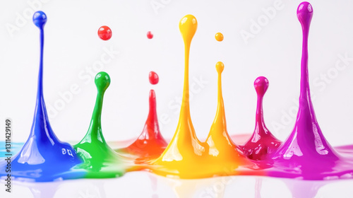 Vibrant splashes of colorful paint droplets on white background