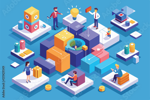 A group of people engages in an interactive problem-solving task using customizable isometric designs, Problem solving Customizable Isometric Illustration