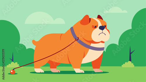 The scene shows a massive bulldog with a broad chest tugging at a tiny delicate leash that looks almost comical. The person holding the leash is slightly bent backward gripping it