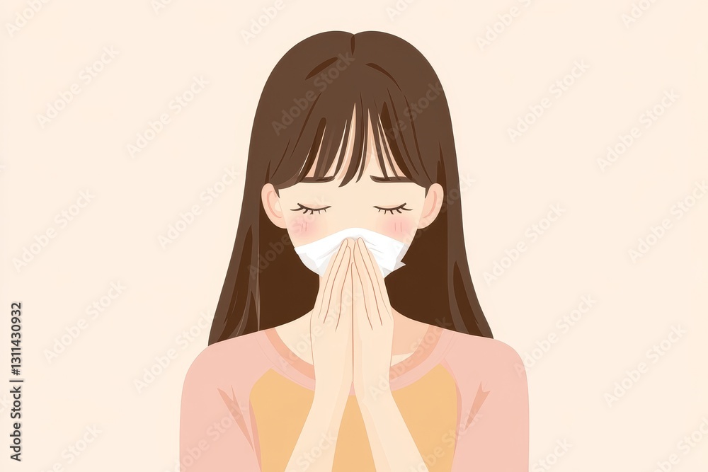 Young Woman Coughing Tissue Health Illness Girl Brown Hair Pink Shirt Pastel Colors Cute            