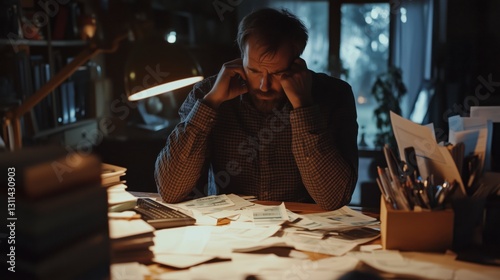 Stressed Business Owner Surrounded by Unpaid Bills, Looking for Solutions in a Late-Night Work Atmosphere