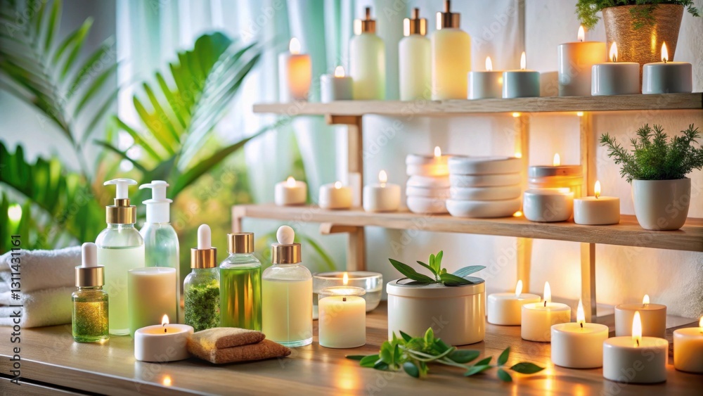 Serene Spa Atmosphere with Skincare Products and Candles Serene Spa Atmosphere with Skincare Products and Candles