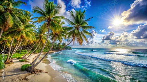 Tranquil Shoreline with Sun-Kissed Palm Trees and Vibrant Waves