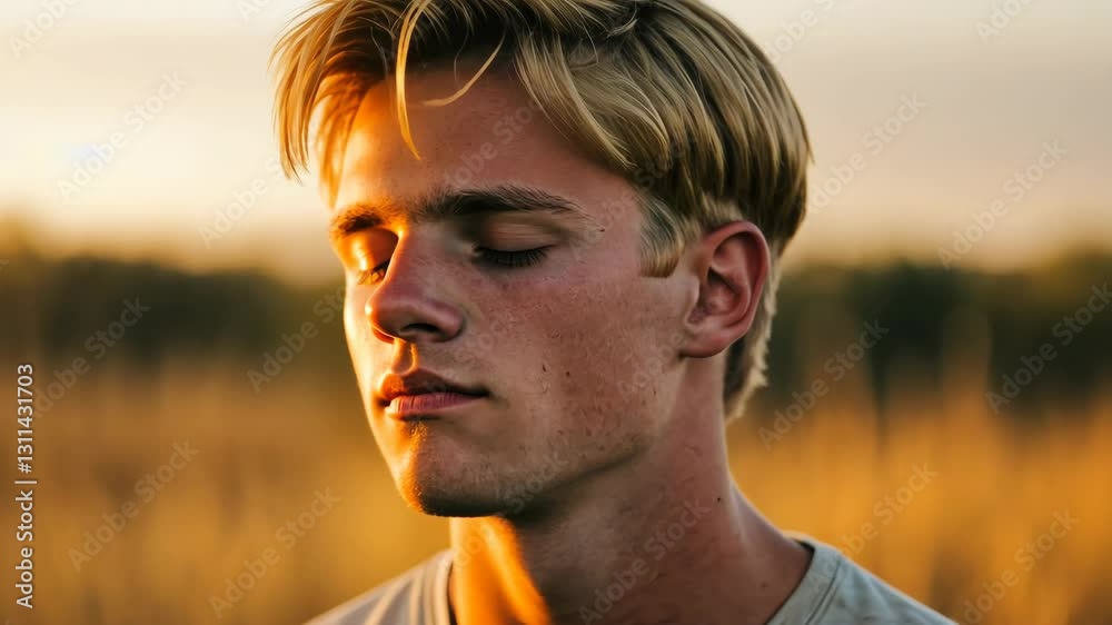 Meditative moment in sunset field with young caucasian male Meditative moment in sunset field with young caucasian male