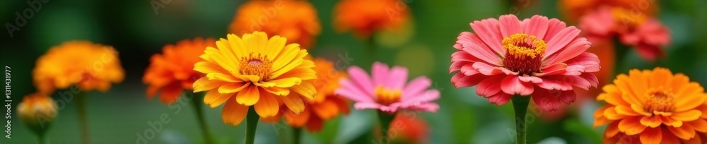 Vibrant orange & pink zinnias blooming in summer garden , colorful flowers, macro Vibrant orange & pink zinnias blooming in summer garden , colorful flowers, macro